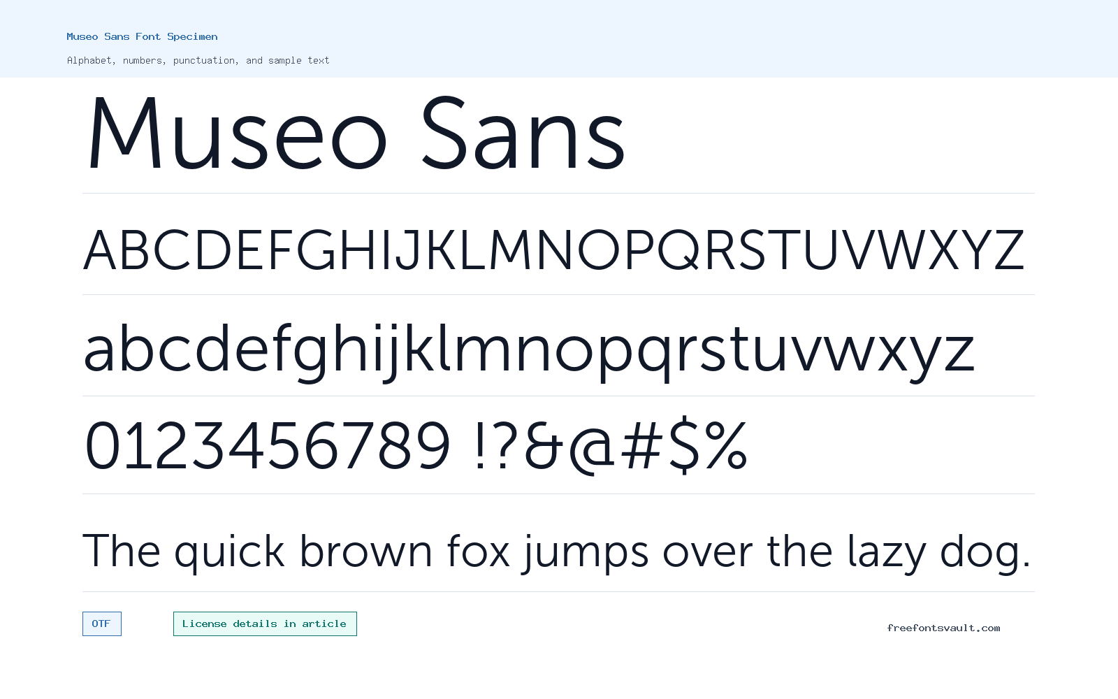 Museo Sans font specimen showing alphabet, numbers, and sample text