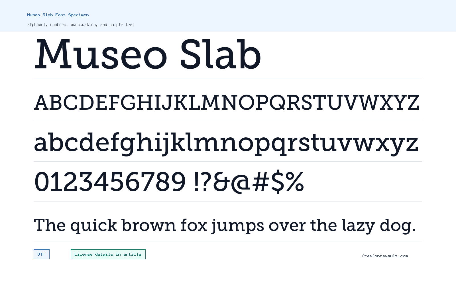 Museo Slab font specimen showing alphabet, numbers, and sample text