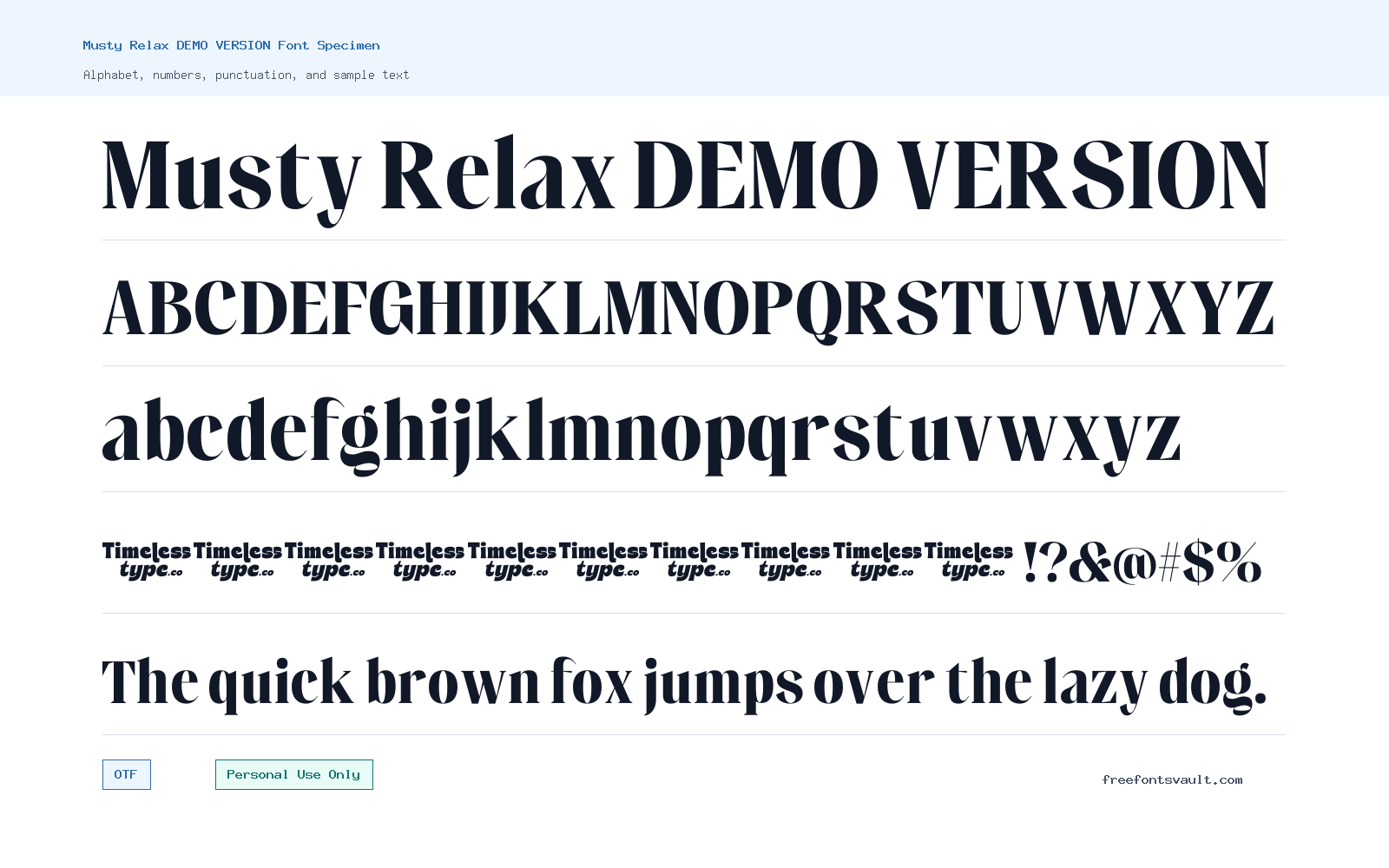 Musty Relax DEMO VERSION font specimen showing alphabet, numbers, and sample text