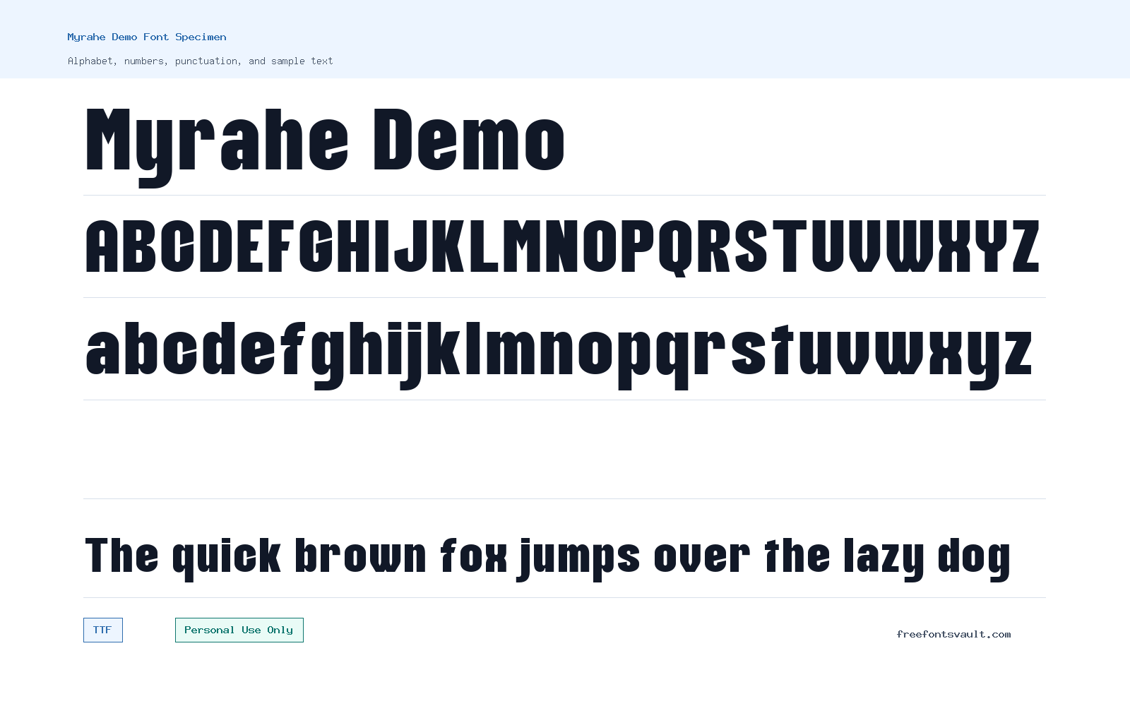 Myrahe Demo font specimen showing alphabet, numbers, and sample text