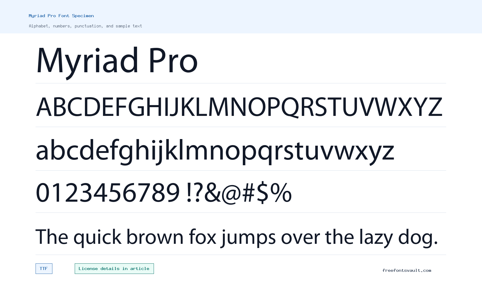 Myriad Pro font specimen showing alphabet, numbers, and sample text