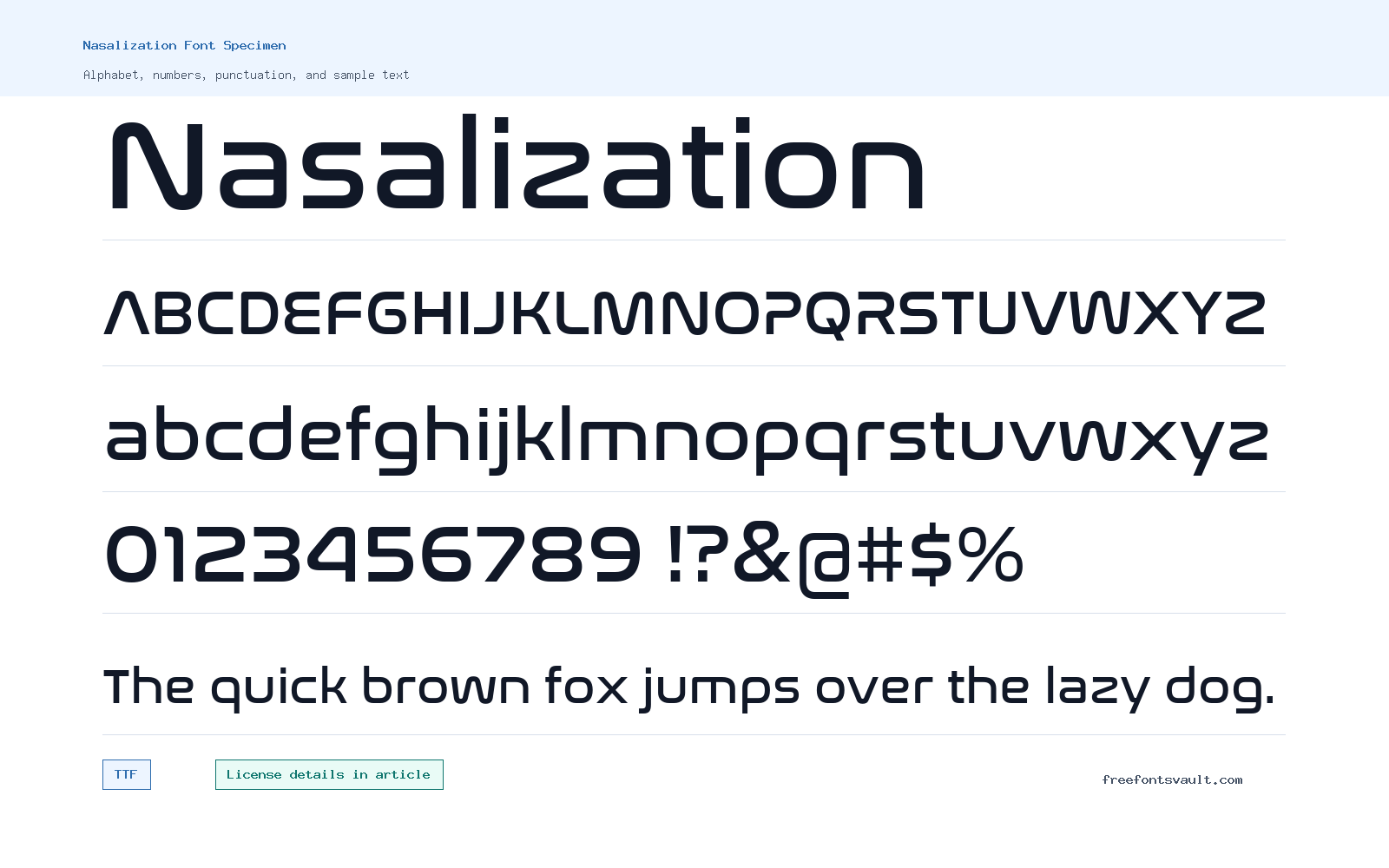Nasalization font specimen showing alphabet, numbers, and sample text