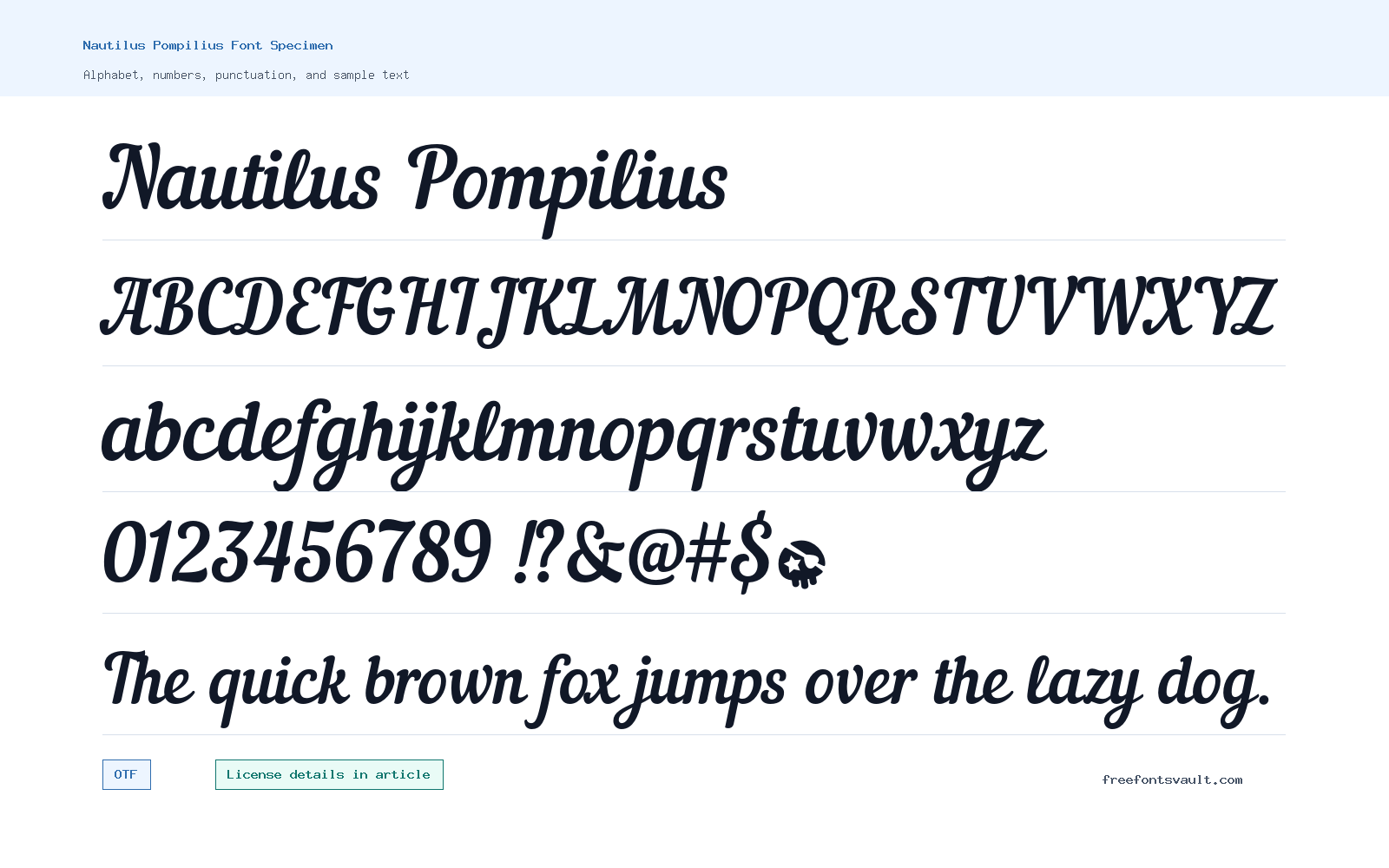 Nautilus Pompilius font specimen showing alphabet, numbers, and sample text