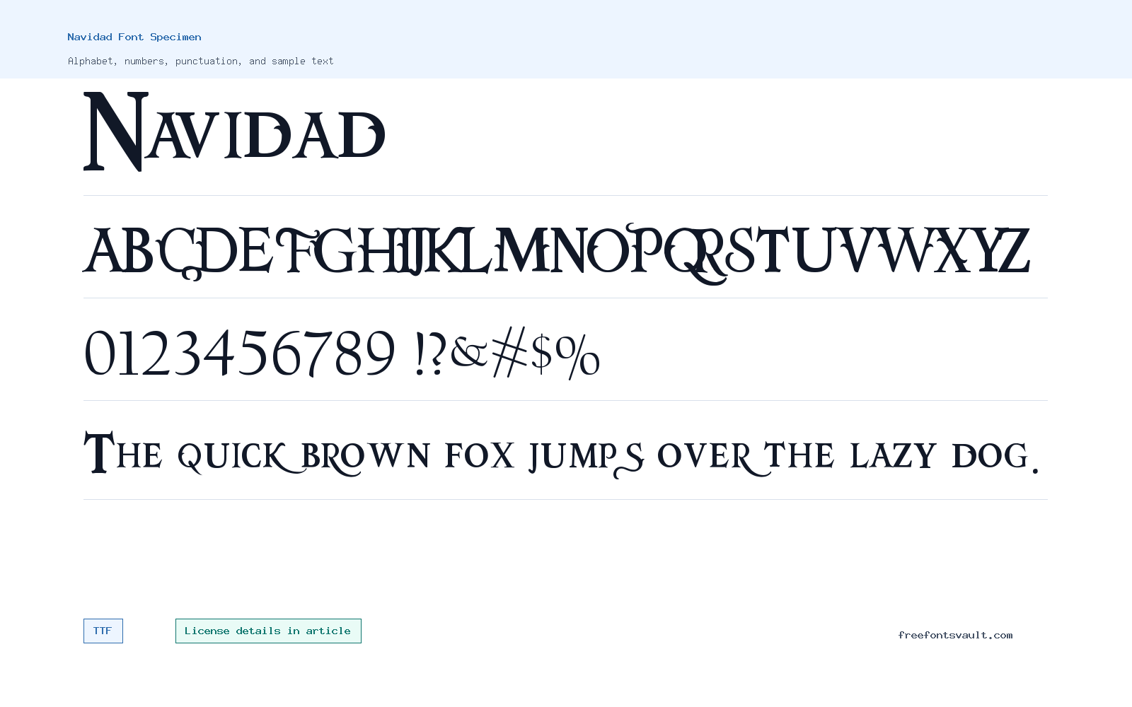 Navidad font specimen showing alphabet, numbers, and sample text