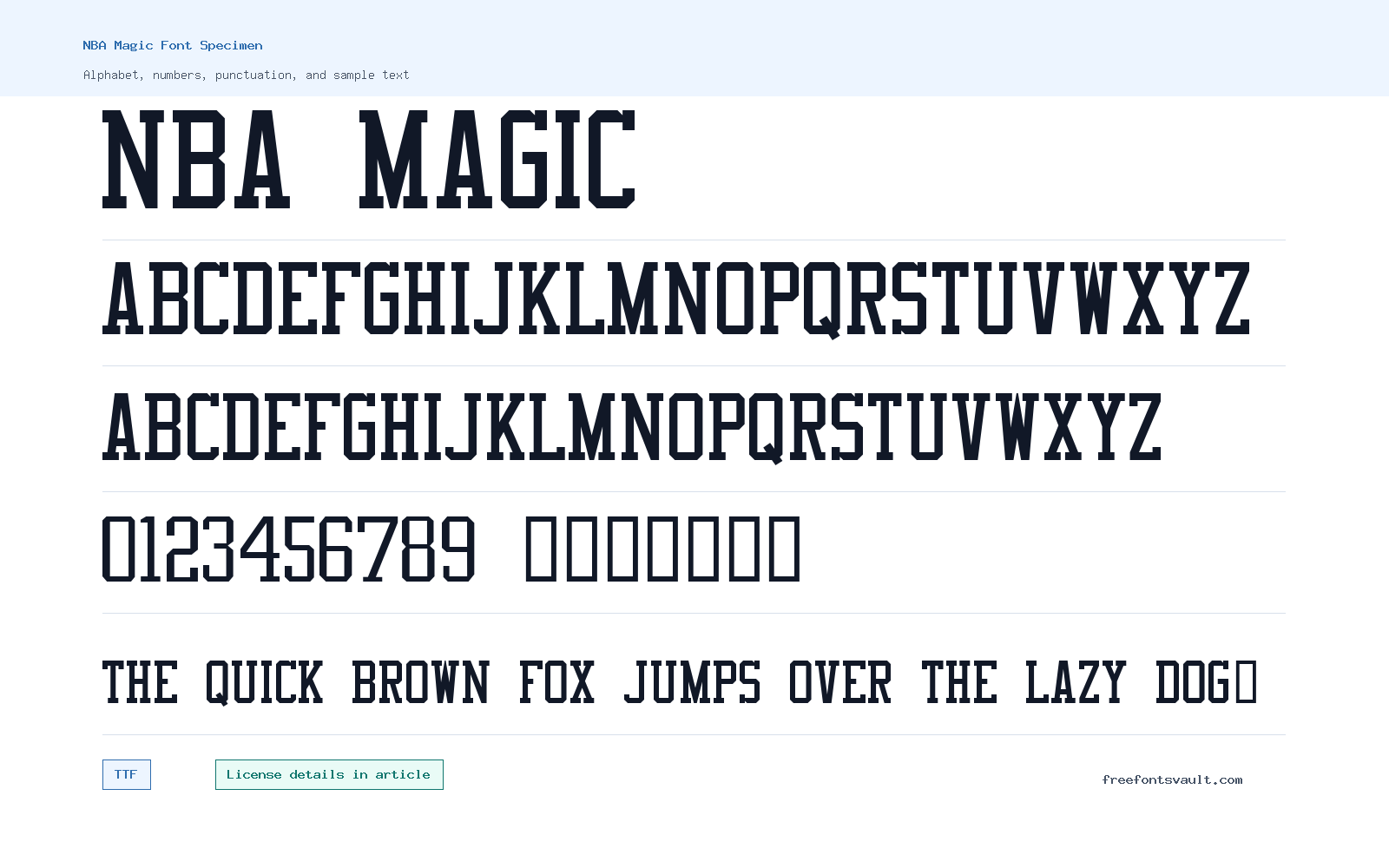 NBA Magic font specimen showing alphabet, numbers, and sample text