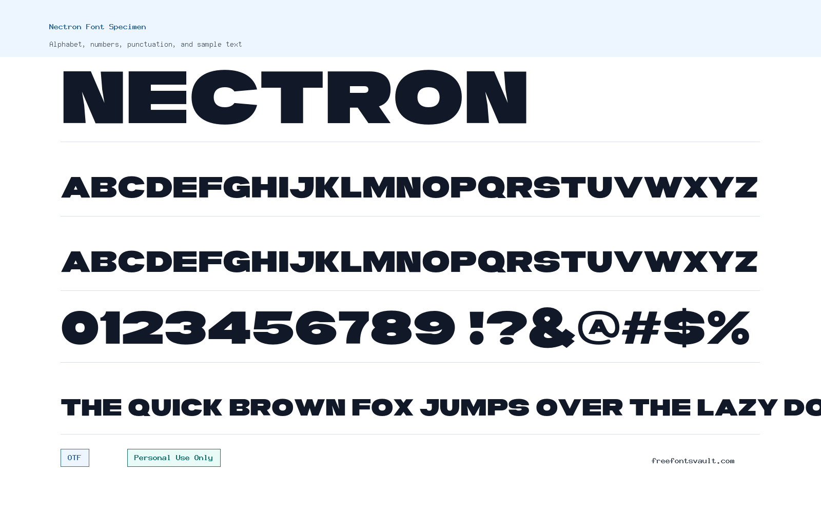 Nectron font specimen showing alphabet, numbers, and sample text