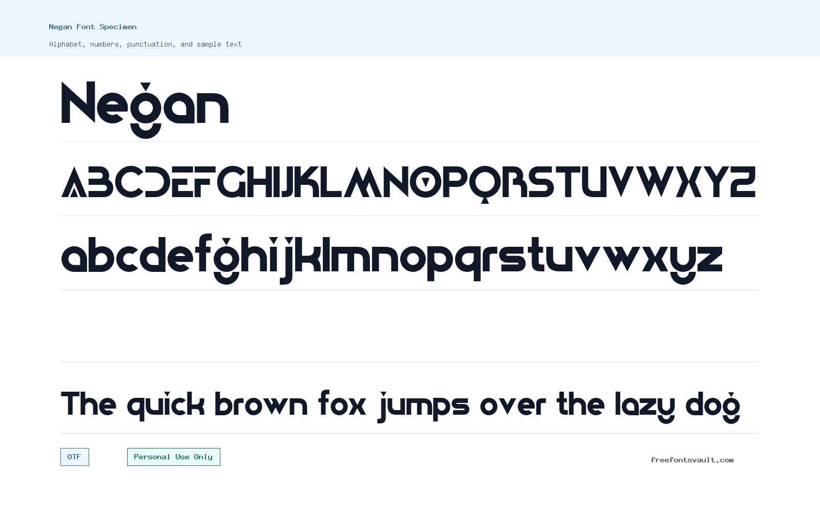 Negan font specimen showing alphabet, numbers, and sample text