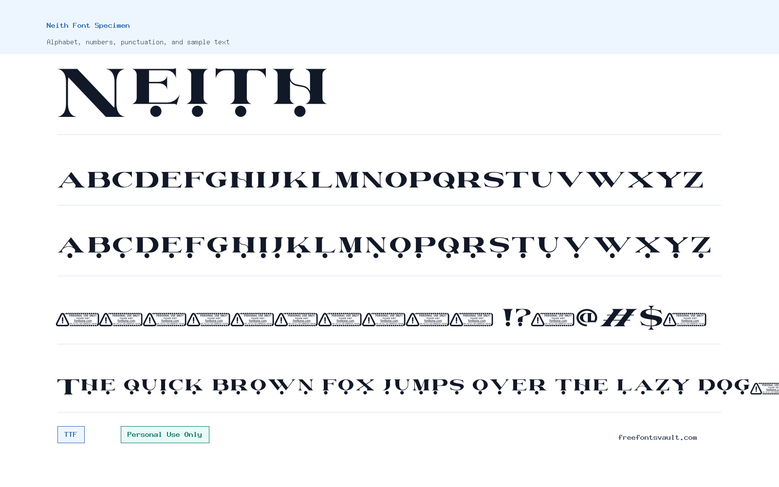 Neith font specimen showing alphabet, numbers, and sample text