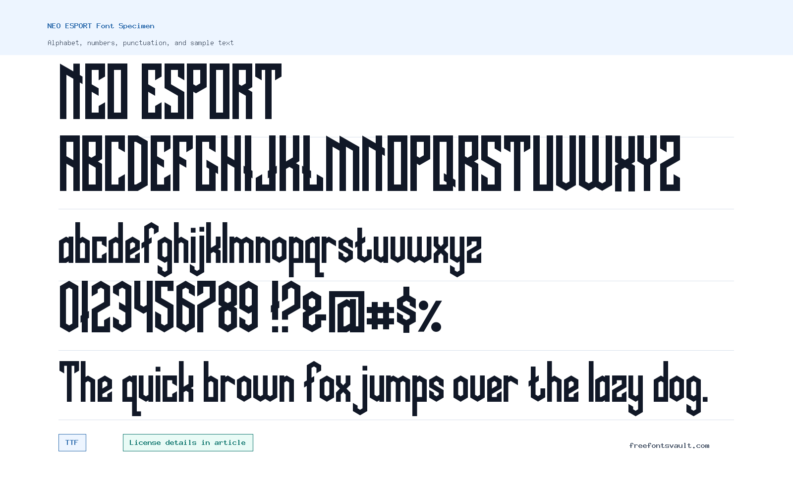NEO ESPORT font specimen showing alphabet, numbers, and sample text