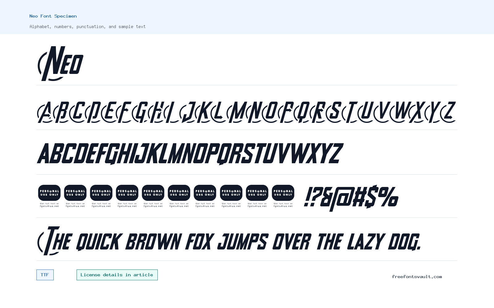 Neo font specimen showing alphabet, numbers, and sample text