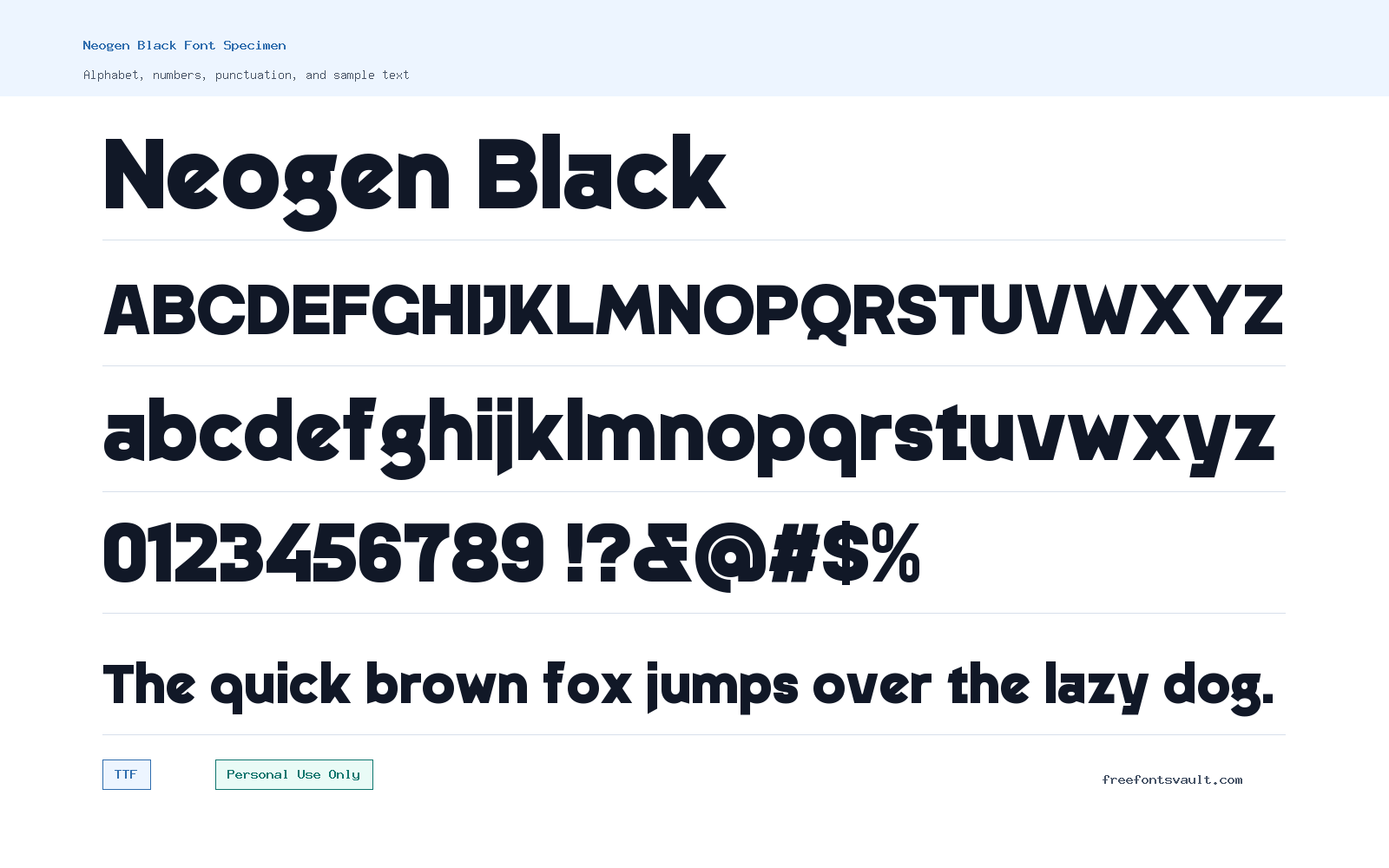 Neogen Black font specimen showing alphabet, numbers, and sample text