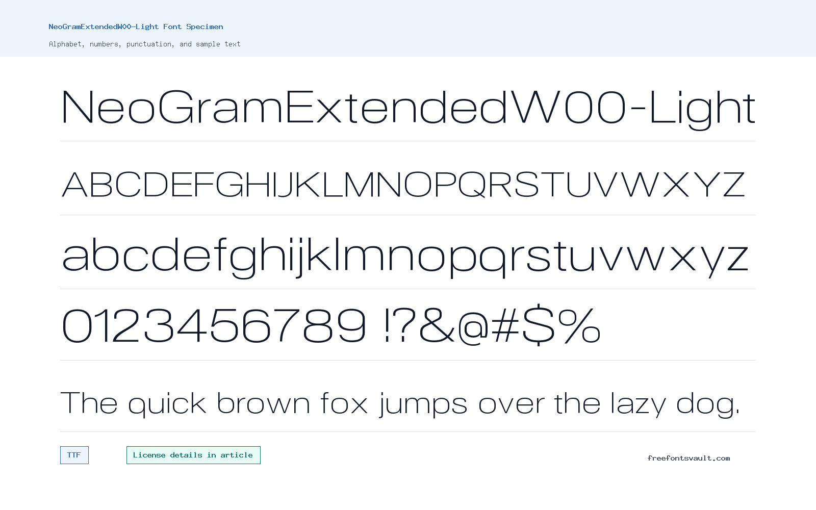 NeoGramExtendedW00-Light font specimen showing alphabet, numbers, and sample text