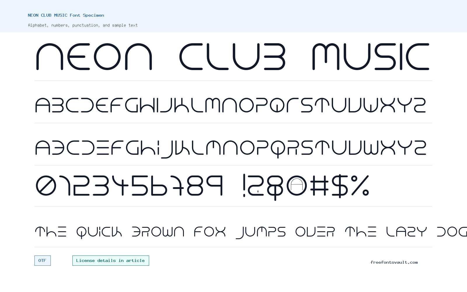 NEON CLUB MUSIC font specimen showing alphabet, numbers, and sample text
