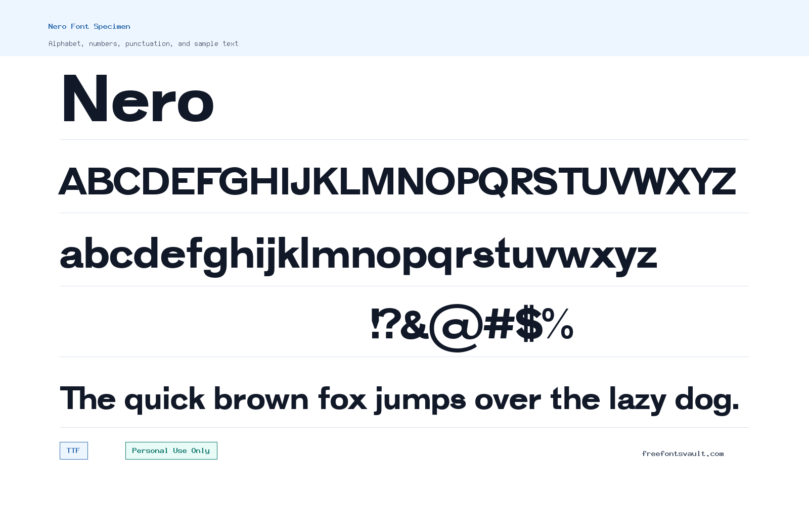 Nero font specimen showing alphabet, numbers, and sample text