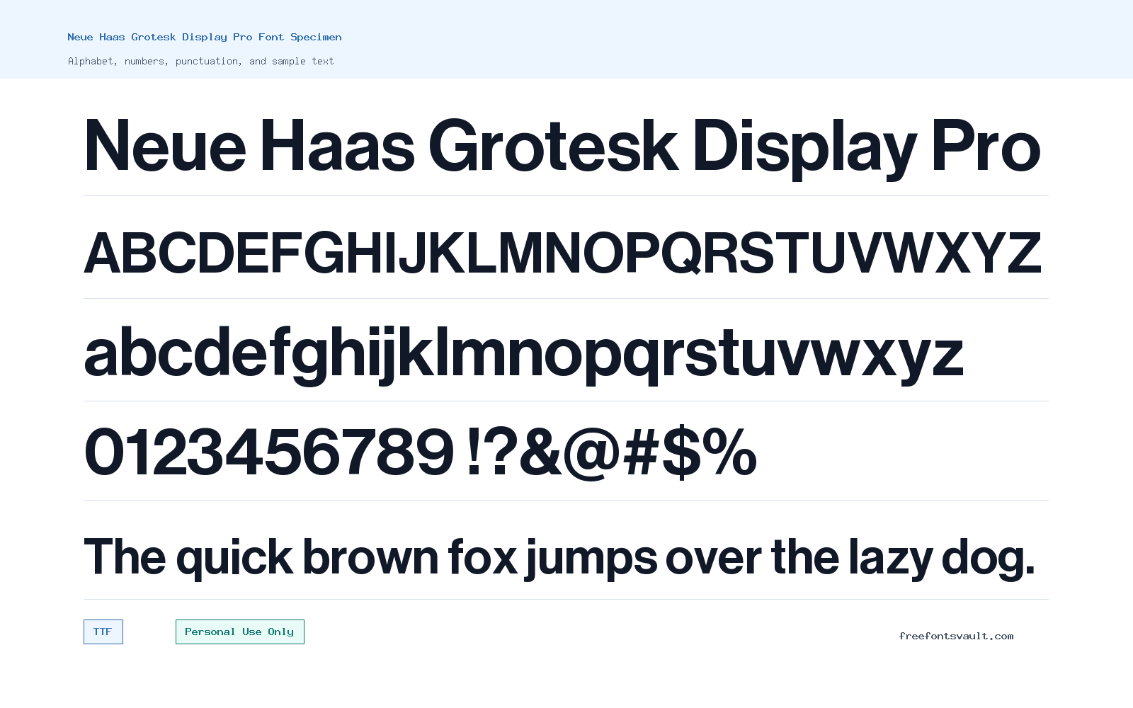 Neue Haas Grotesk Display Pro font specimen showing alphabet, numbers, and sample text