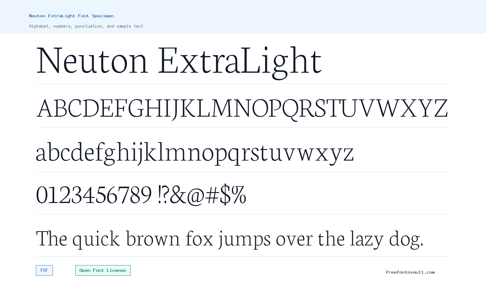 Neuton ExtraLight font specimen showing alphabet, numbers, and sample text