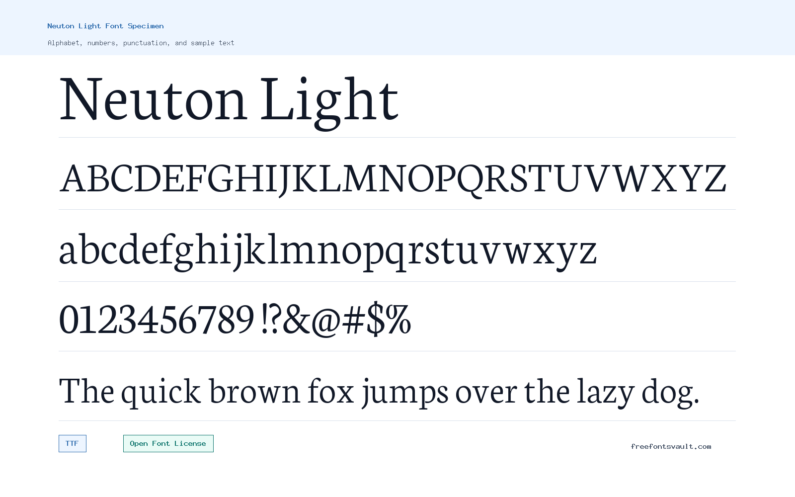 Neuton Light font specimen showing alphabet, numbers, and sample text