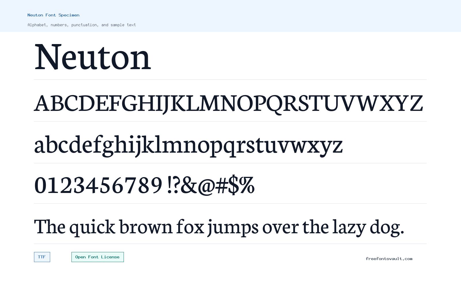 Neuton font specimen showing alphabet, numbers, and sample text