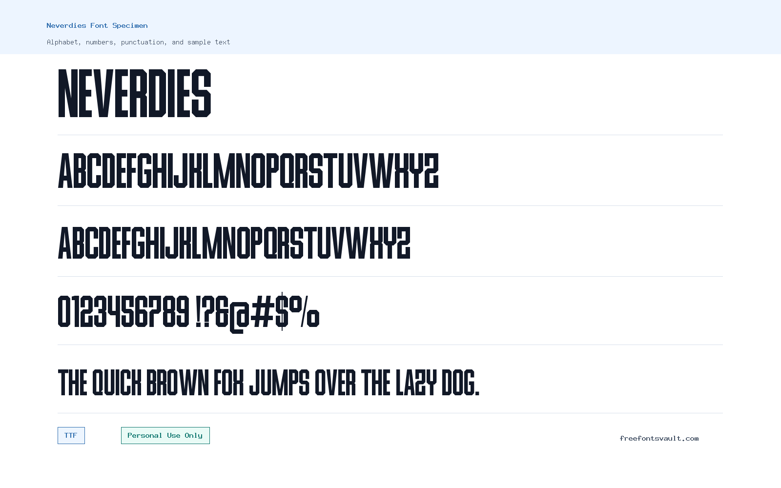 Neverdies font specimen showing alphabet, numbers, and sample text