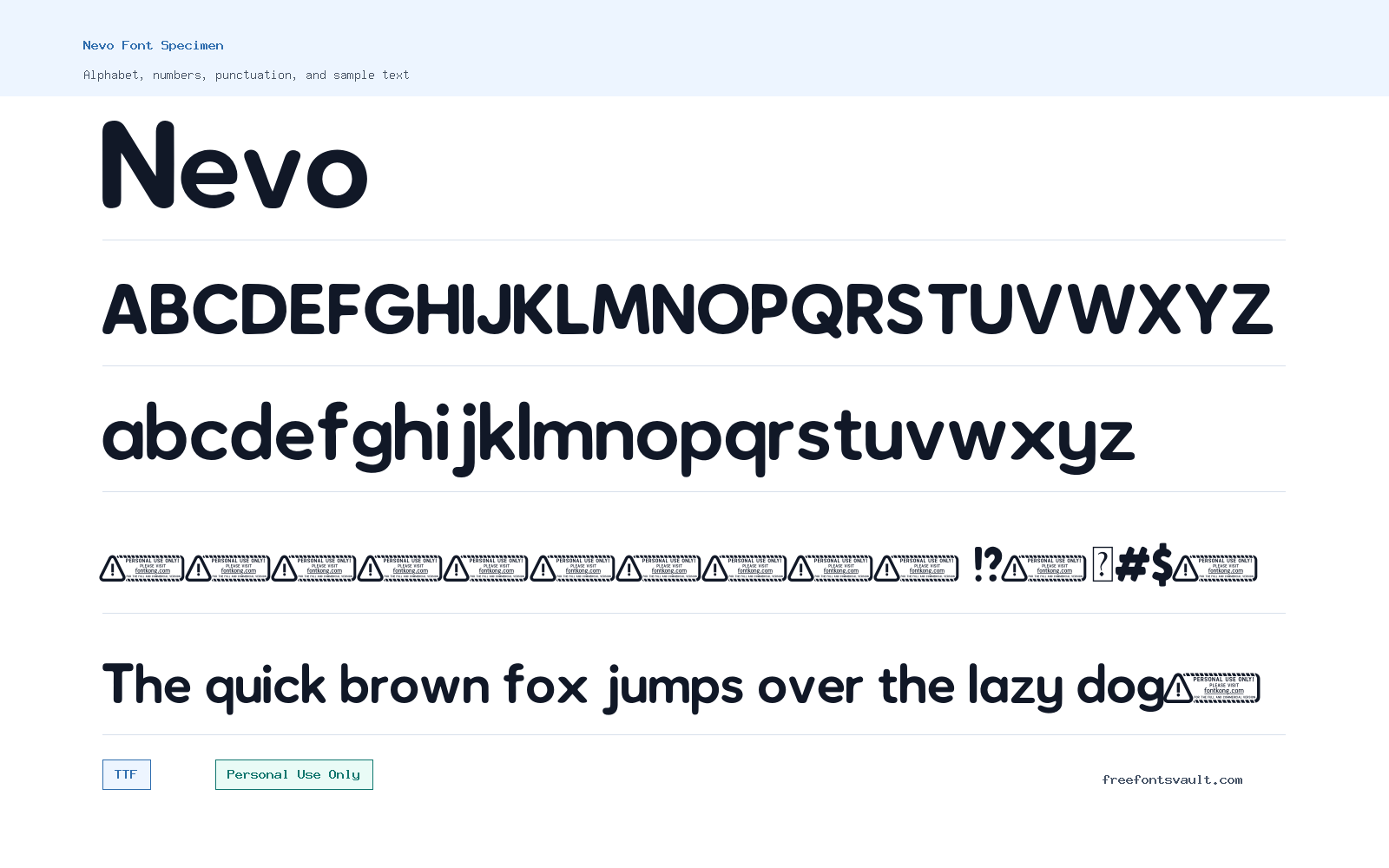 Nevo font specimen showing alphabet, numbers, and sample text