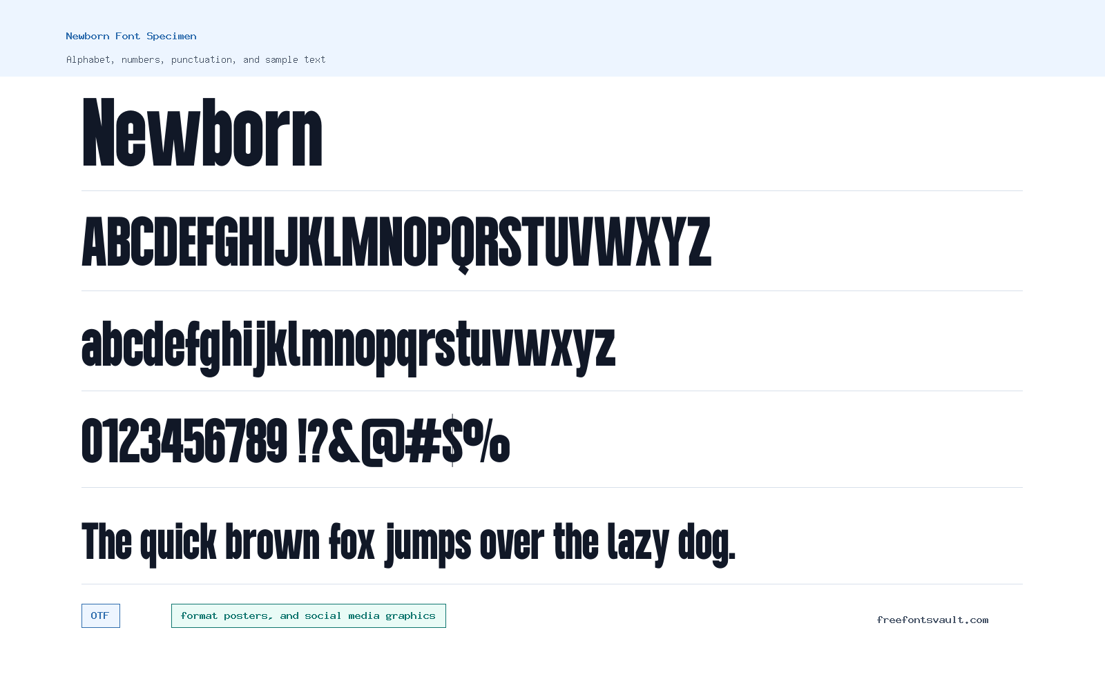 Newborn font specimen showing alphabet, numbers, and sample text