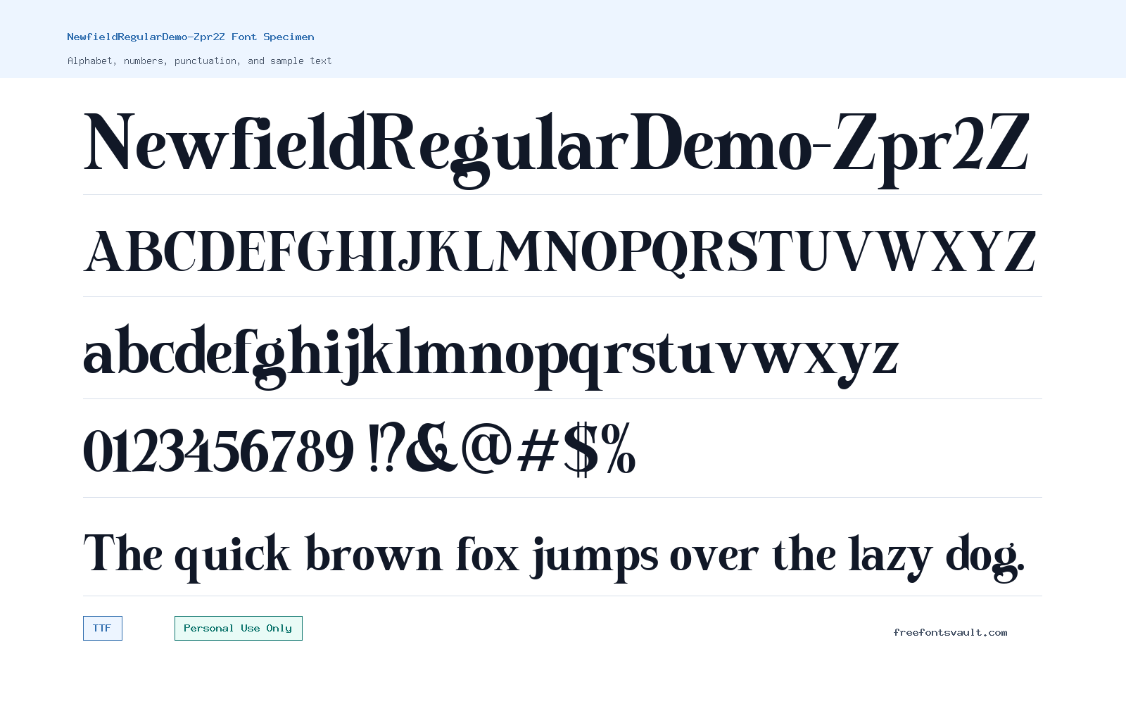 NewfieldRegularDemo-Zpr2Z font specimen showing alphabet, numbers, and sample text