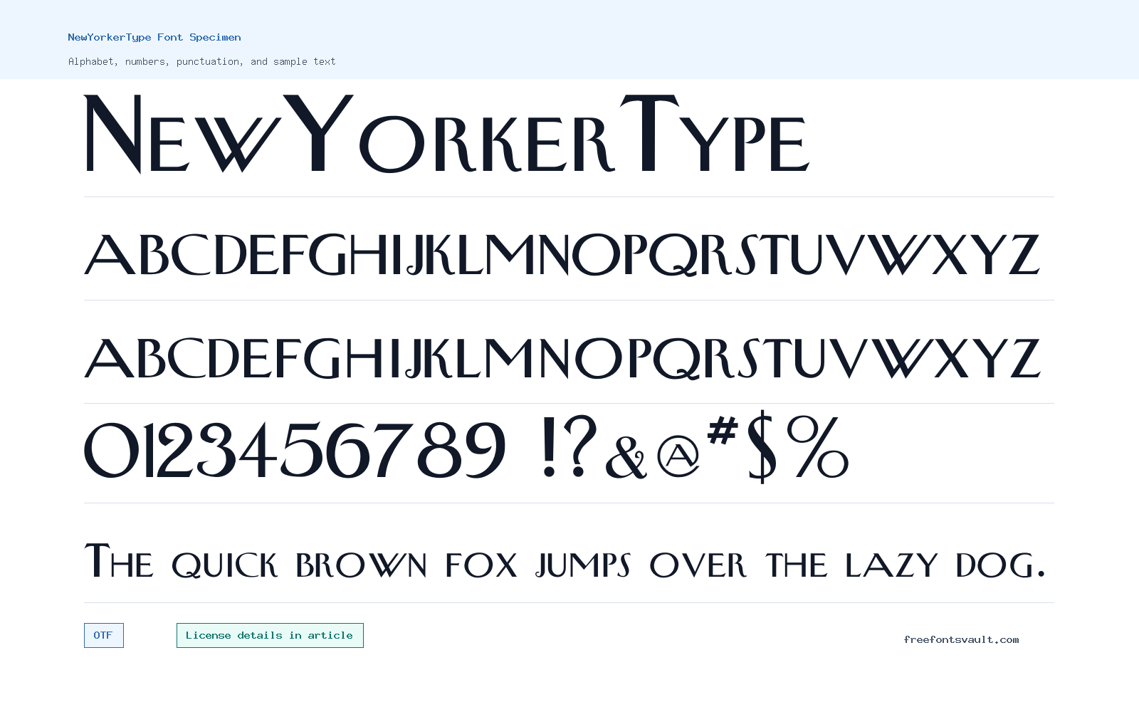 NewYorkerType font specimen showing alphabet, numbers, and sample text
