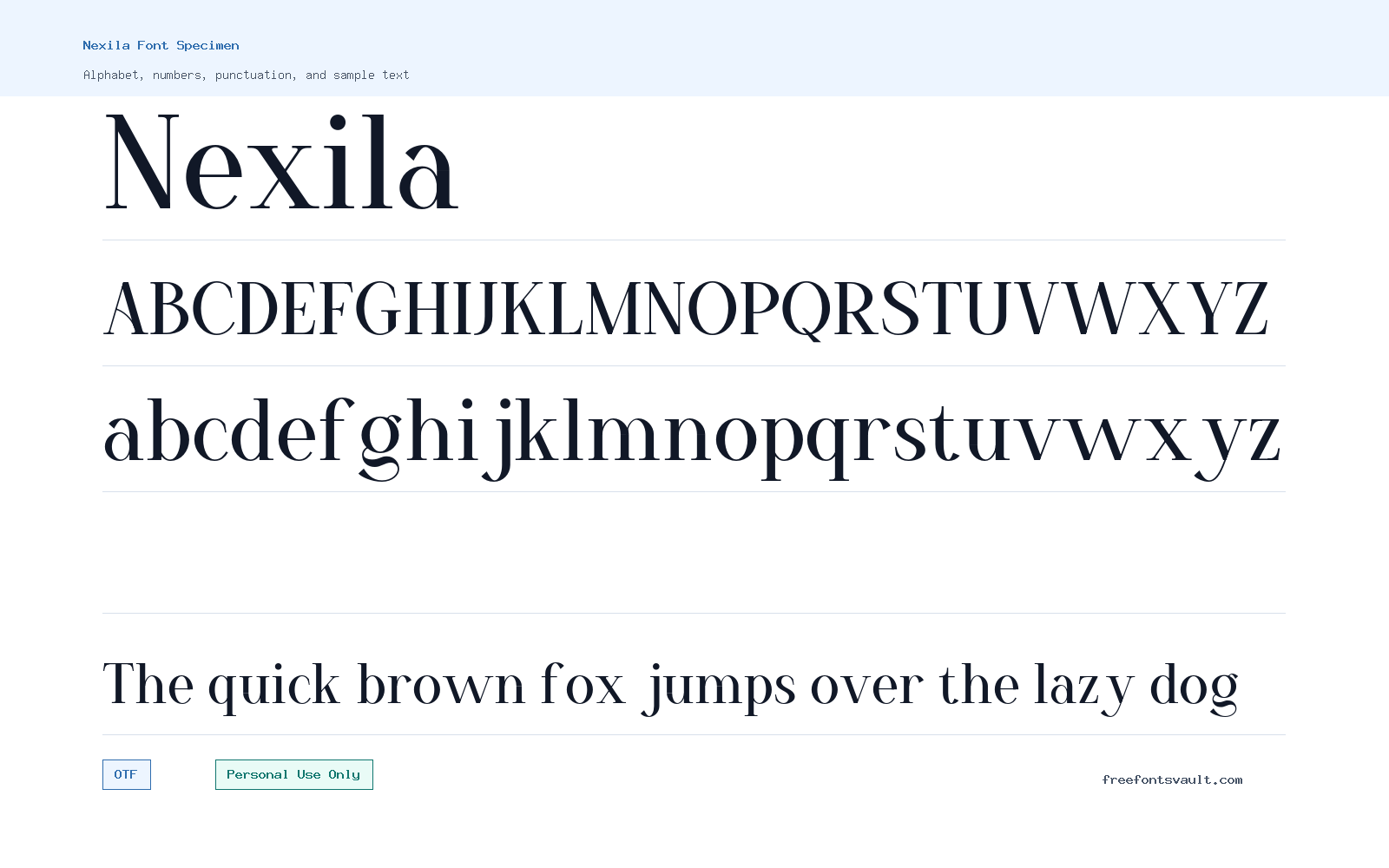 Nexila font specimen showing alphabet, numbers, and sample text