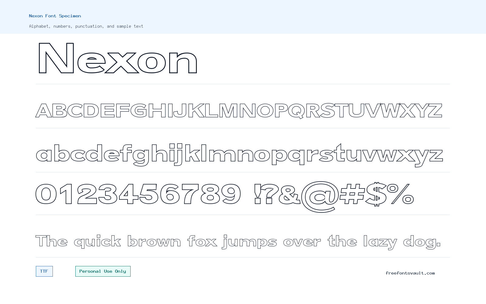 Nexon font specimen showing alphabet, numbers, and sample text
