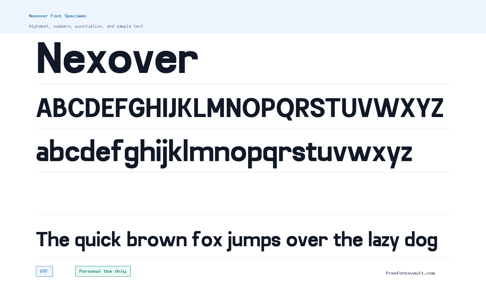 Nexover font specimen showing alphabet, numbers, and sample text
