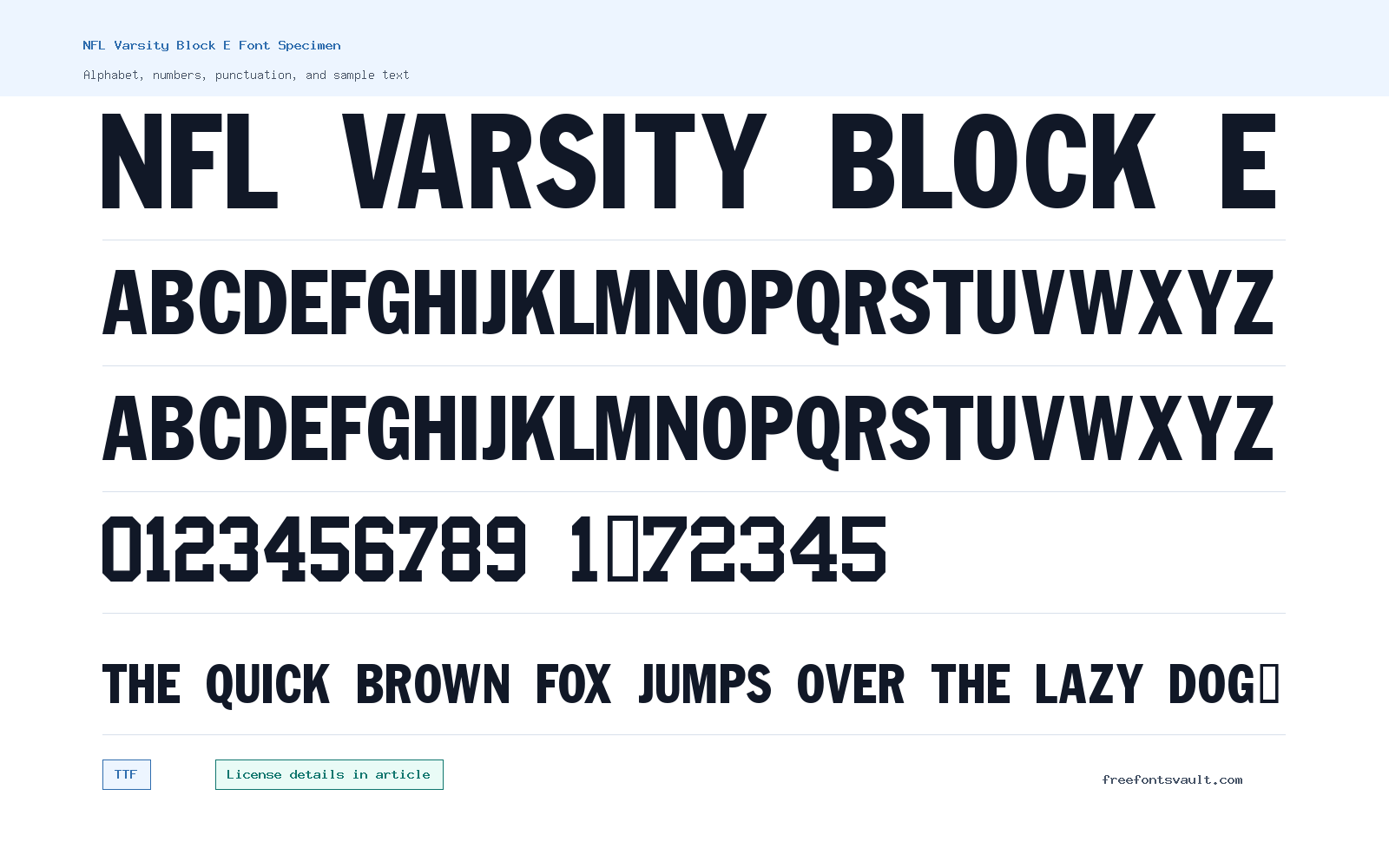 NFL Varsity Block E font specimen showing alphabet, numbers, and sample text
