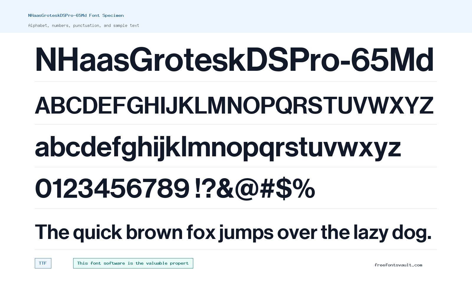 NHaasGroteskDSPro-65Md font specimen showing alphabet, numbers, and sample text