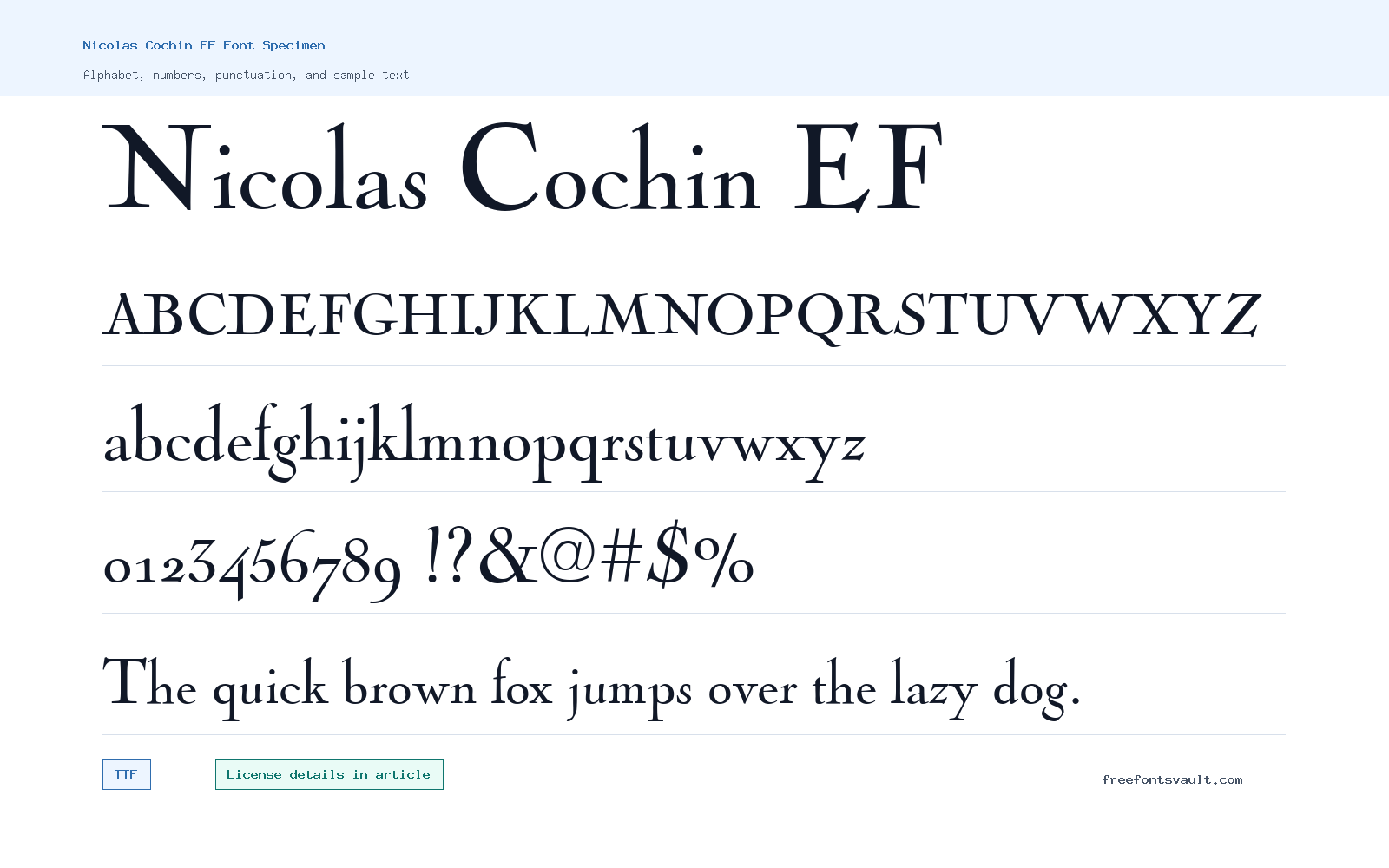 Nicolas Cochin EF font specimen showing alphabet, numbers, and sample text