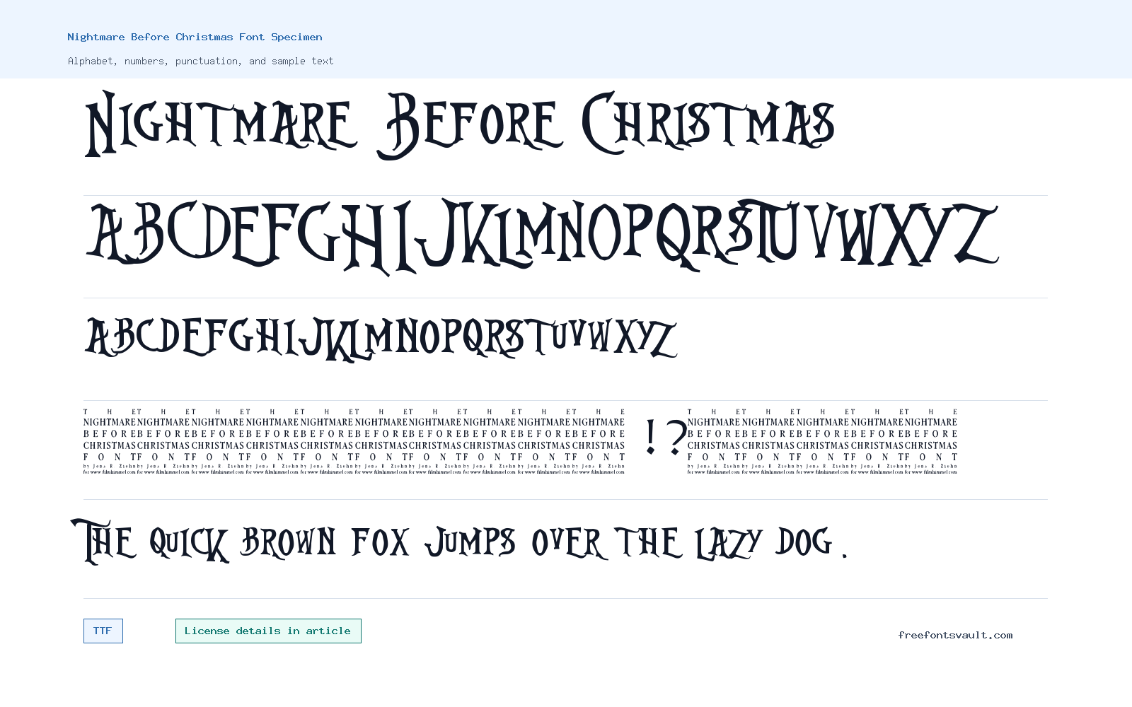 Nightmare Before Christmas font specimen showing alphabet, numbers, and sample text