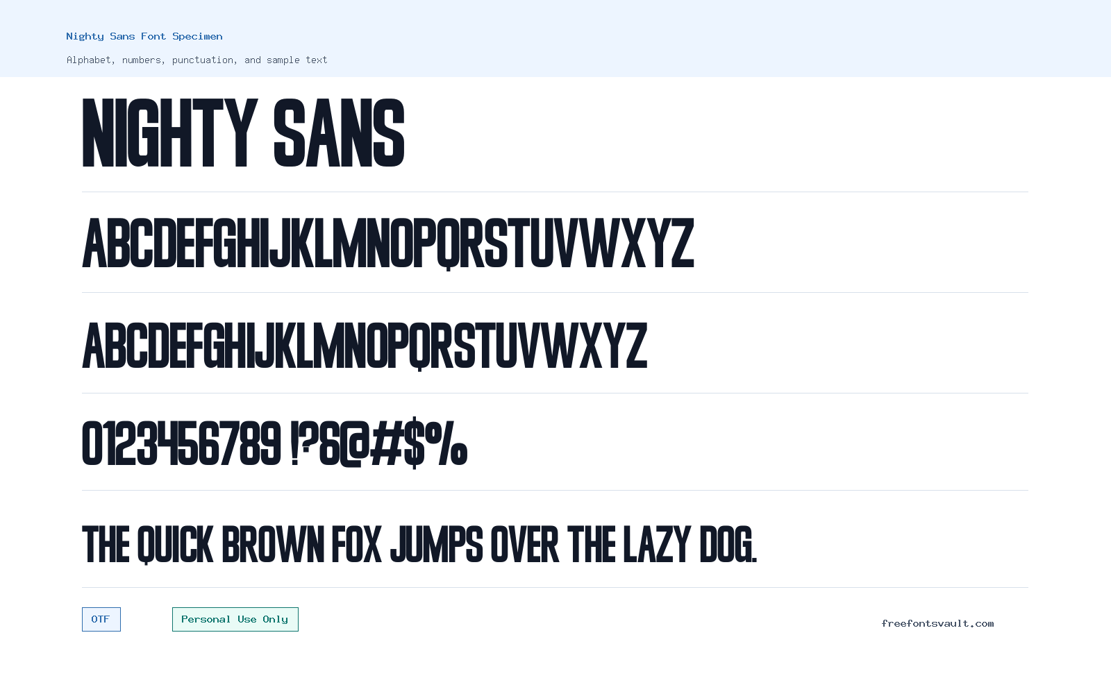 Nighty Sans font specimen showing alphabet, numbers, and sample text
