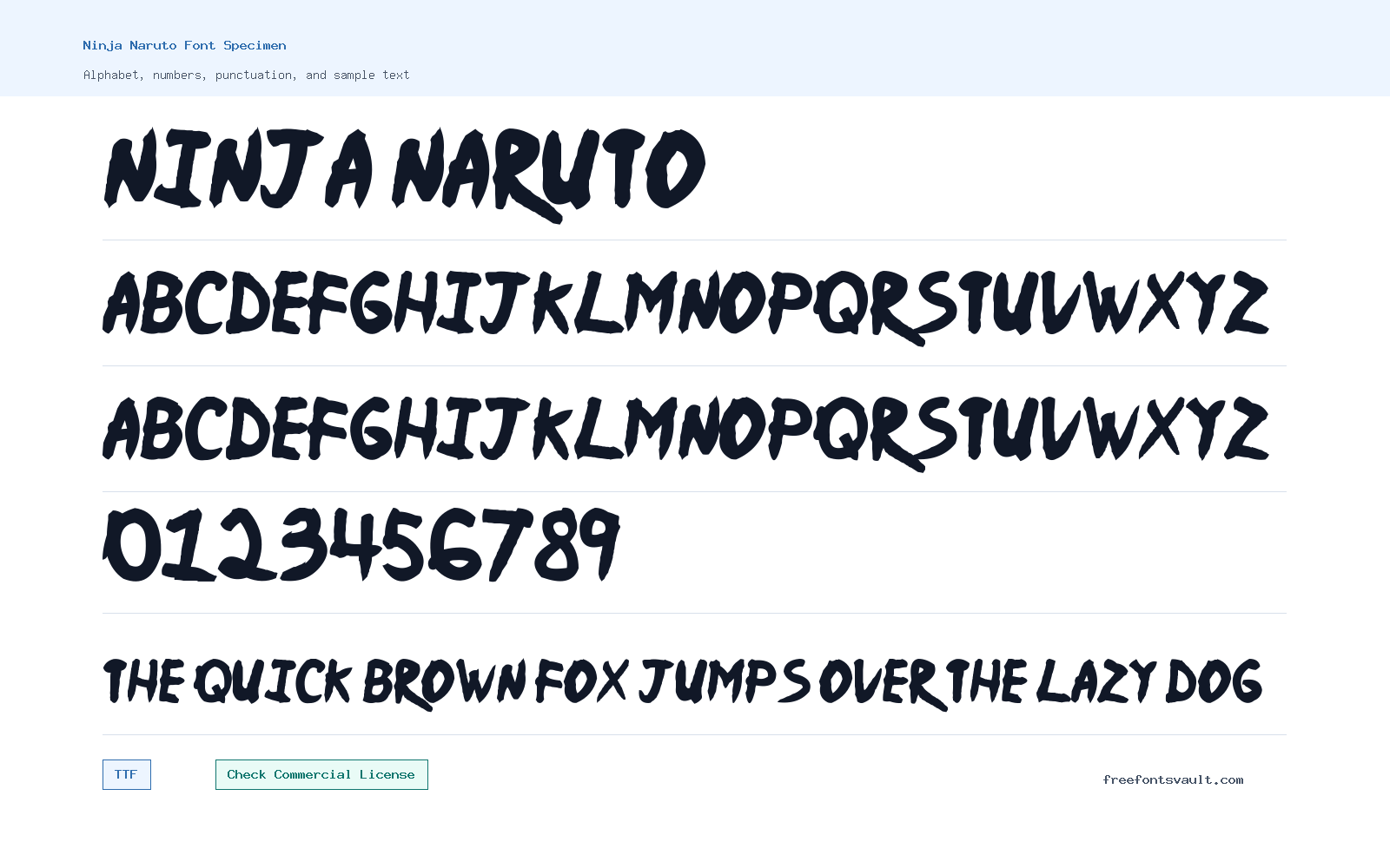 Ninja Naruto font specimen showing alphabet, numbers, and sample text