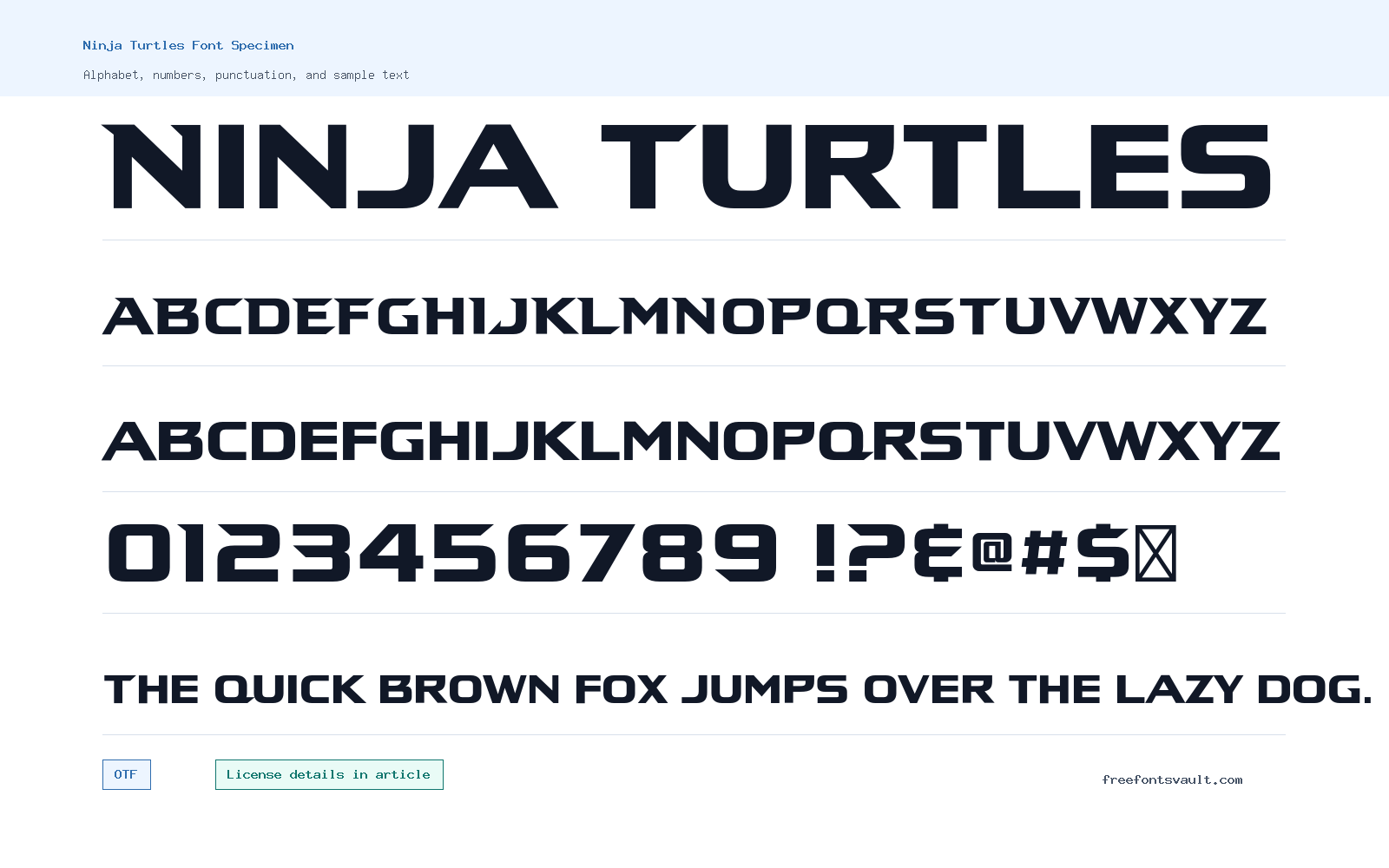 Ninja Turtles font specimen showing alphabet, numbers, and sample text
