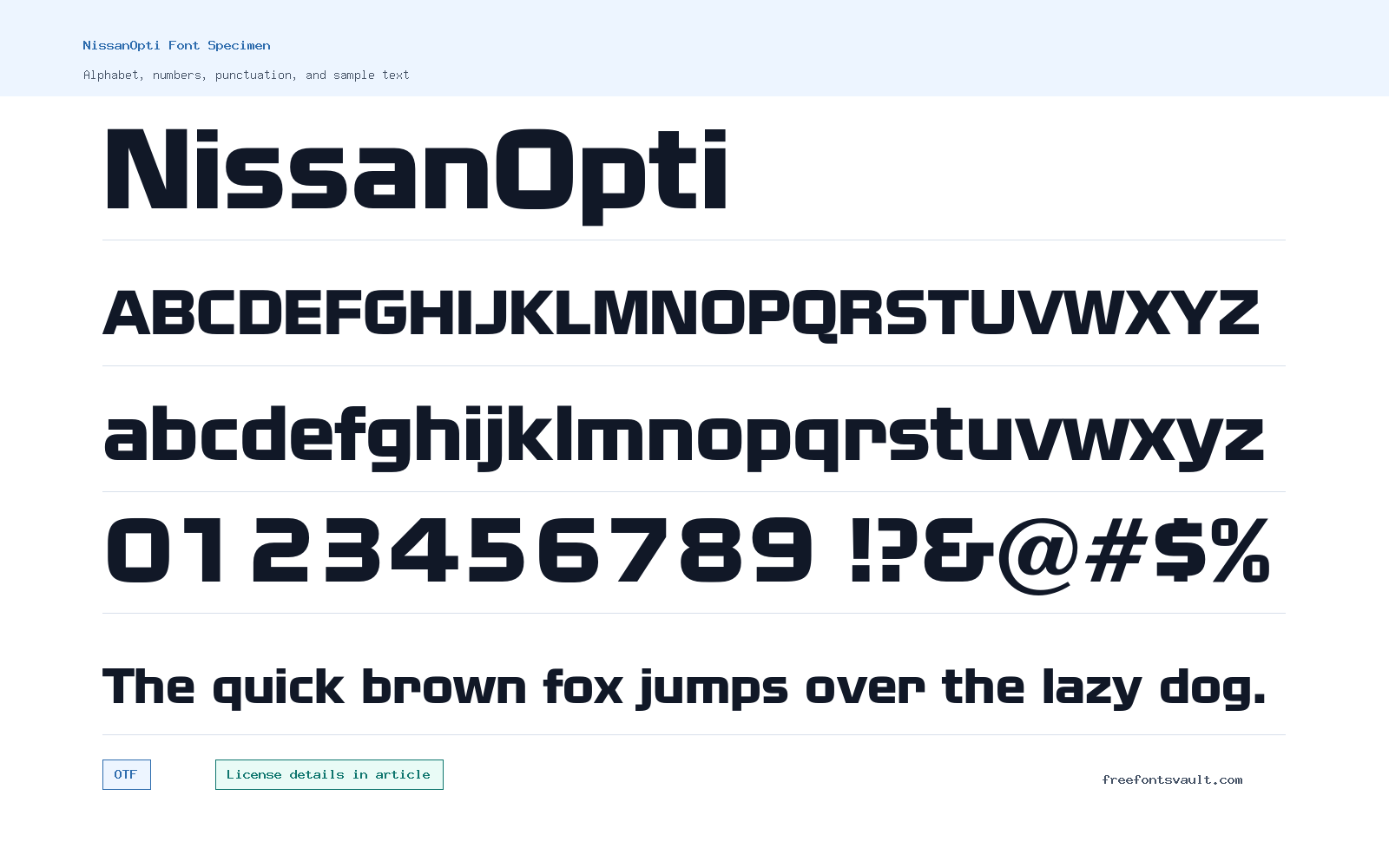NissanOpti font specimen showing alphabet, numbers, and sample text