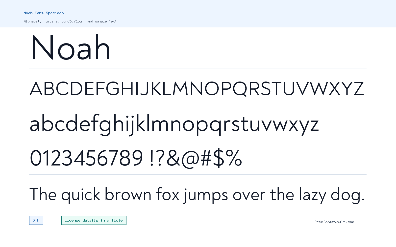 Noah font specimen showing alphabet, numbers, and sample text