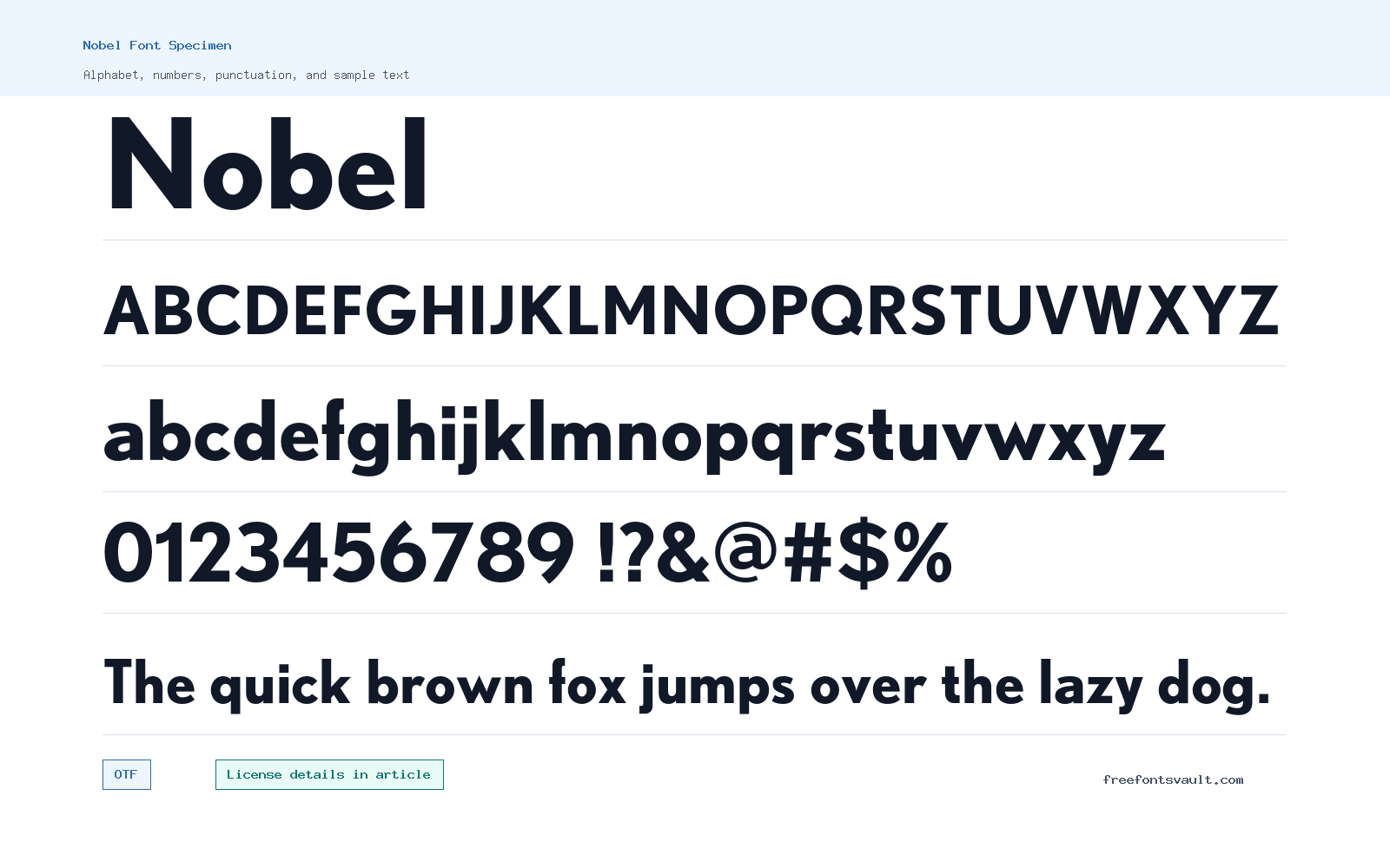 Nobel font specimen showing alphabet, numbers, and sample text