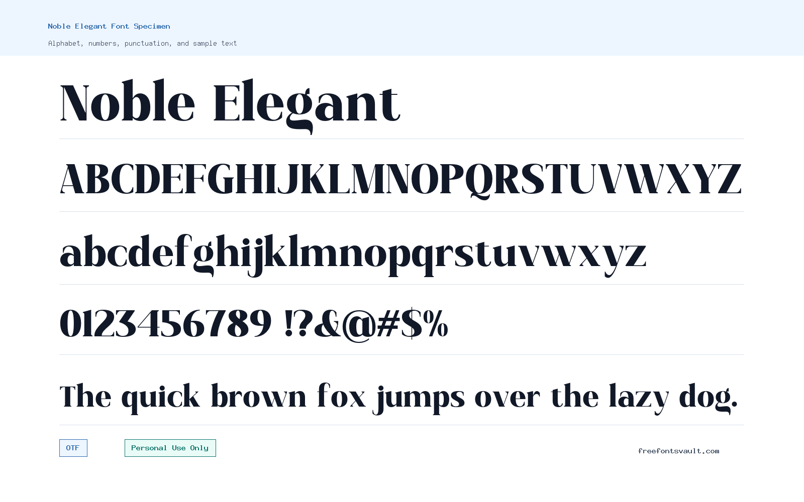 Noble Elegant font specimen showing alphabet, numbers, and sample text
