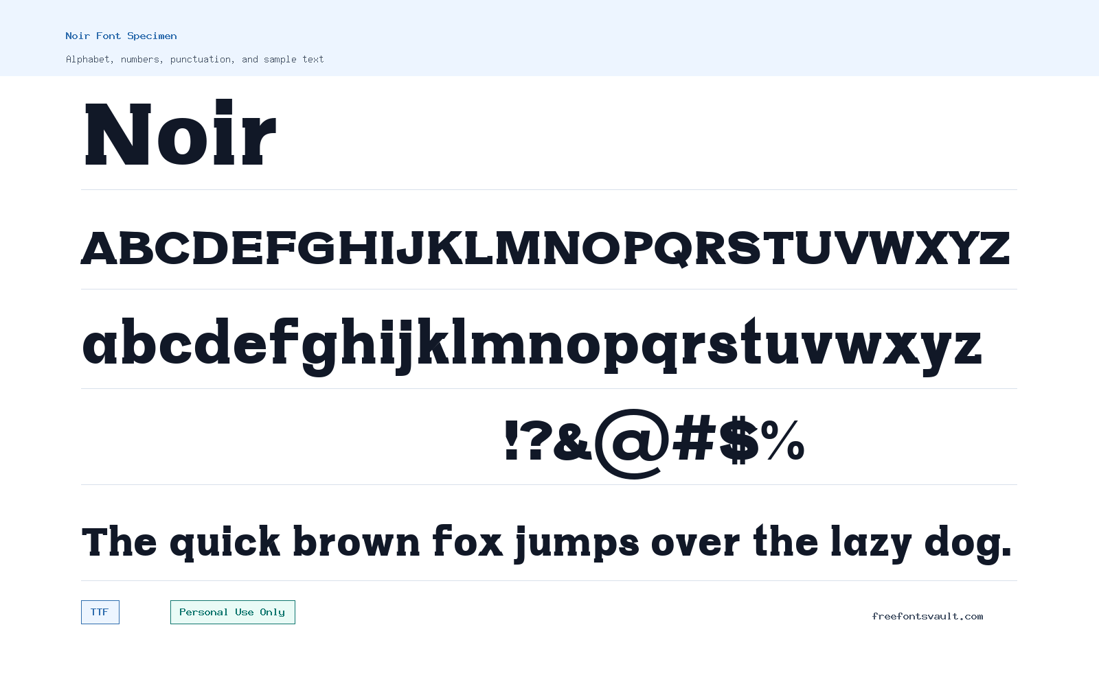 Noir font specimen showing alphabet, numbers, and sample text