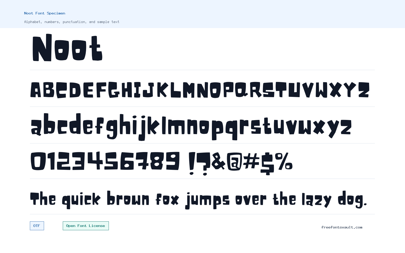 Noot font specimen showing alphabet, numbers, and sample text