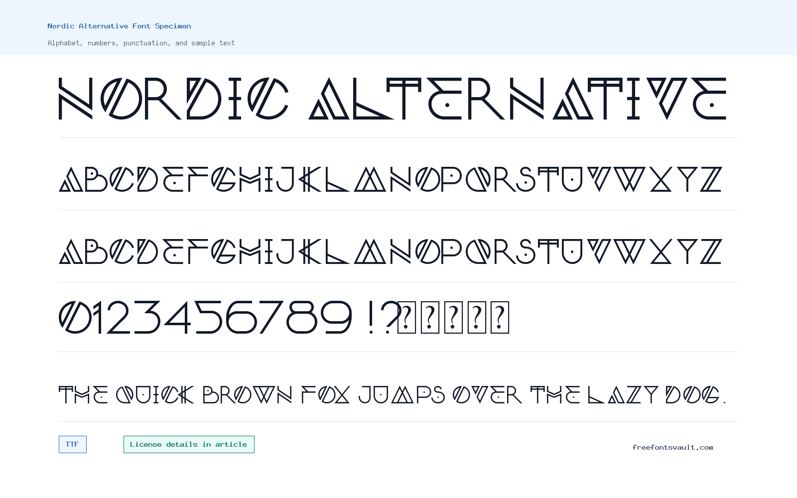 Nordic Alternative font specimen showing alphabet, numbers, and sample text
