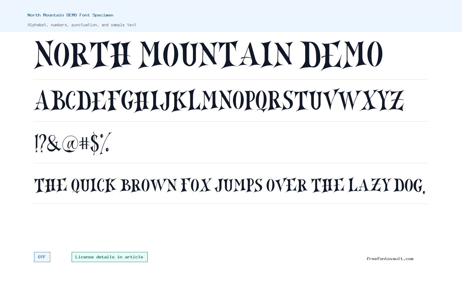 North Mountain DEMO font specimen showing alphabet, numbers, and sample text
