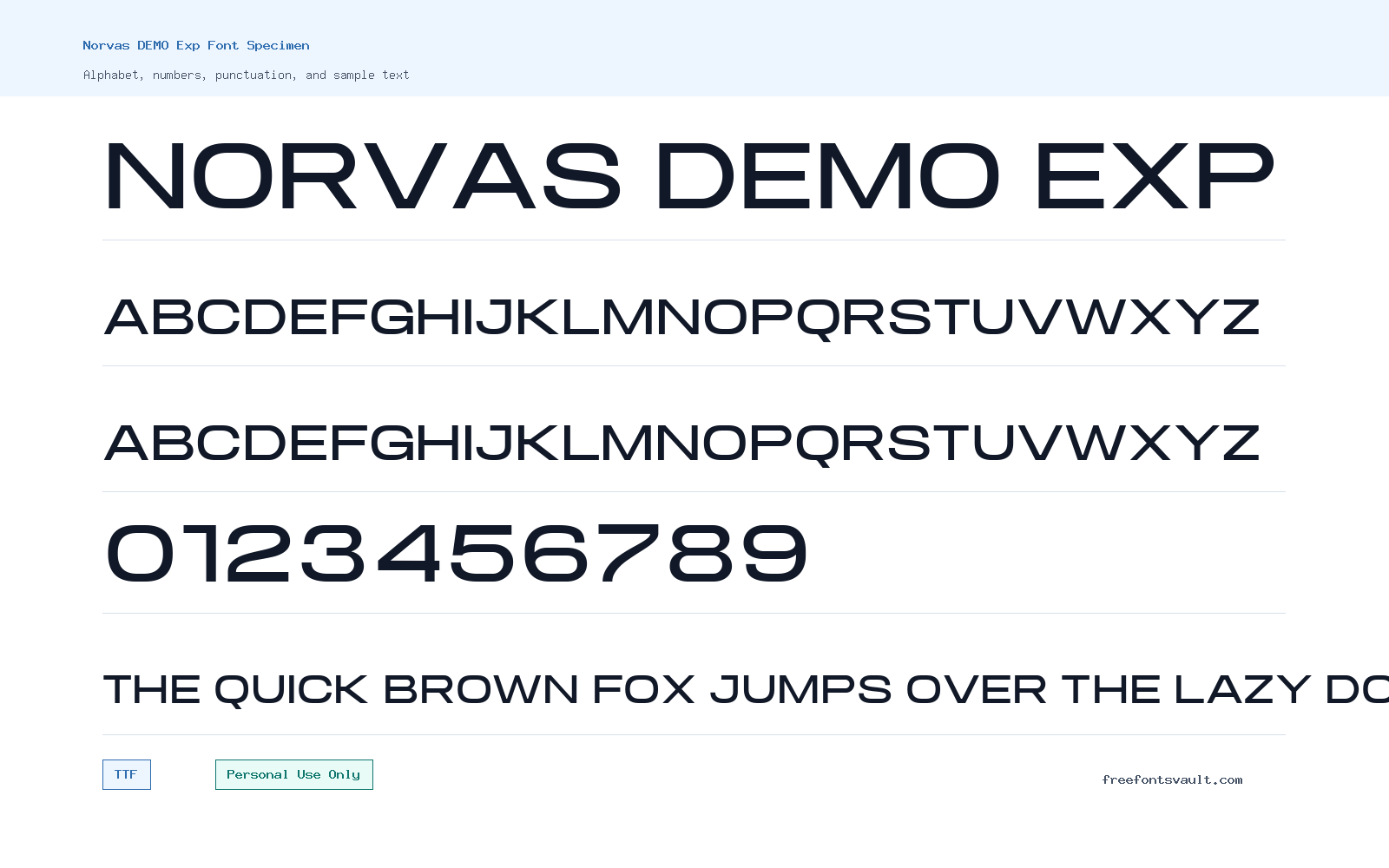Norvas DEMO Exp font specimen showing alphabet, numbers, and sample text