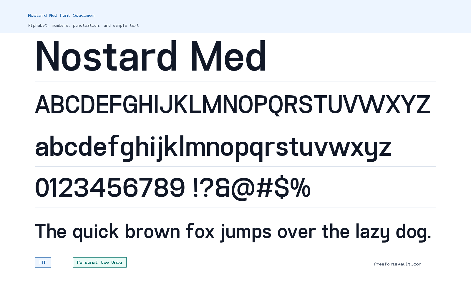 Nostard Med font specimen showing alphabet, numbers, and sample text