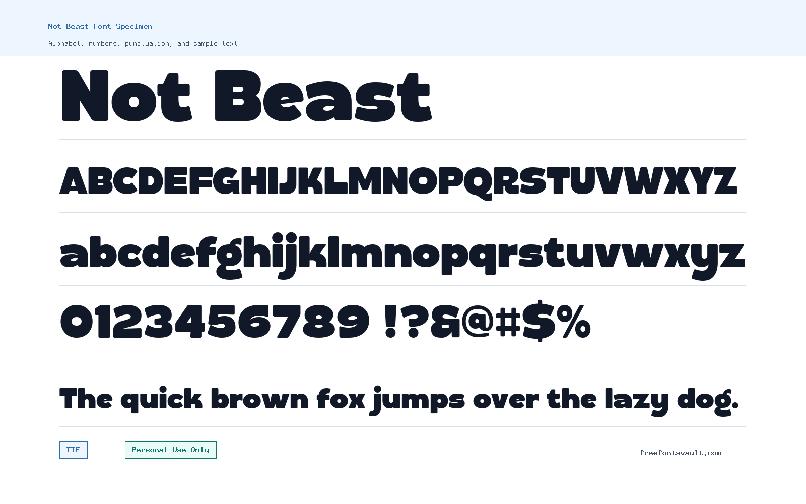 Not Beast font specimen showing alphabet, numbers, and sample text
