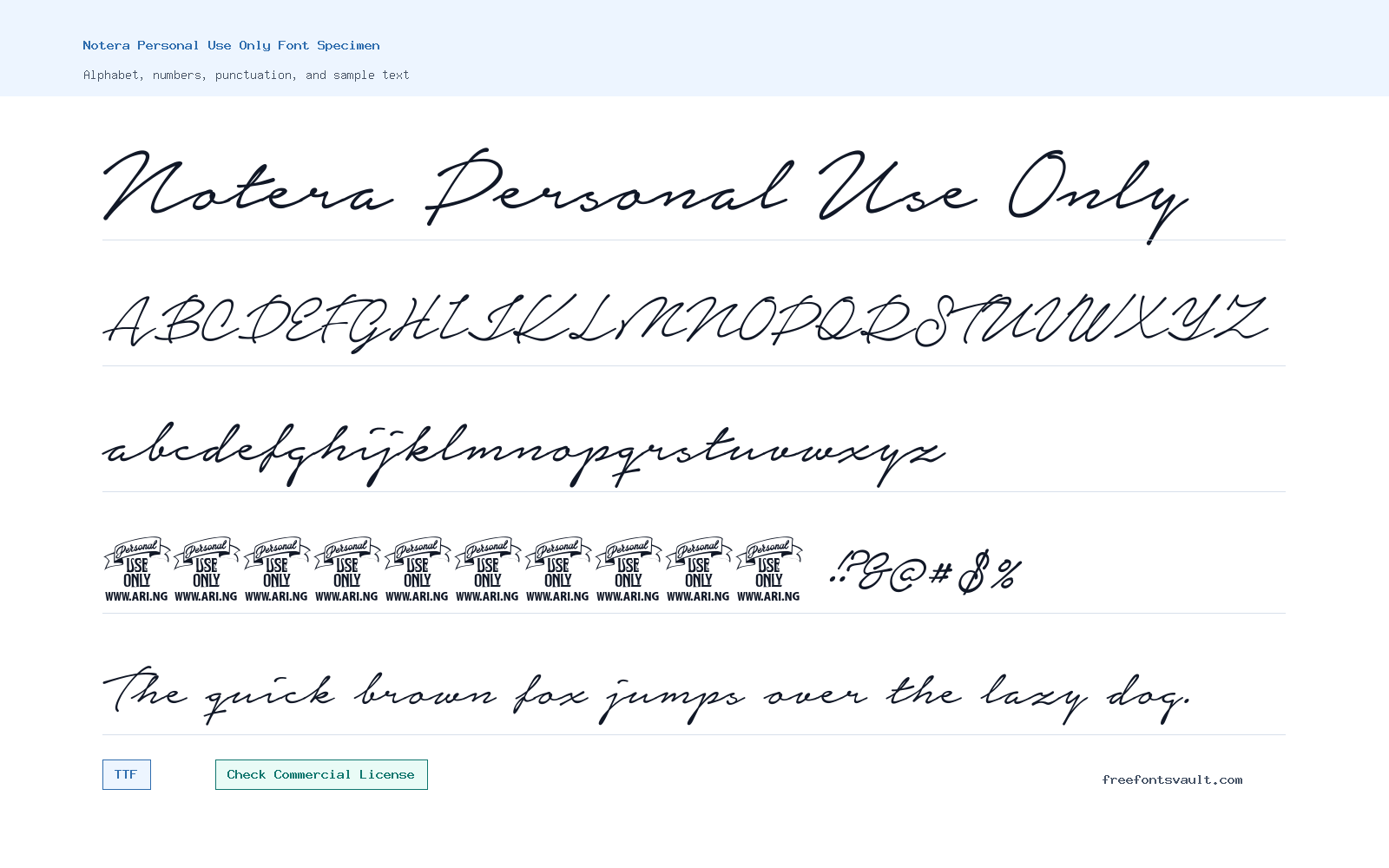 Notera Personal Use Only font specimen showing alphabet, numbers, and sample text