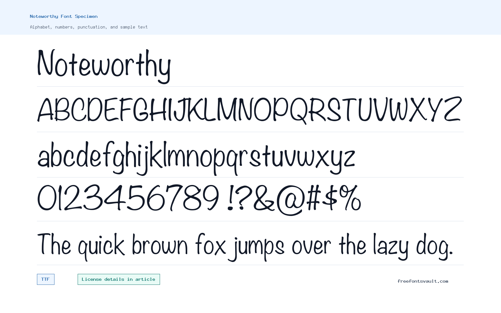 Noteworthy font specimen showing alphabet, numbers, and sample text